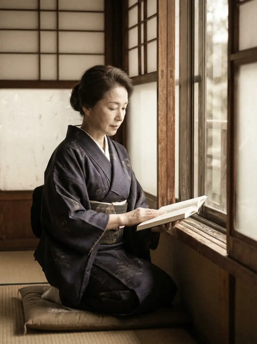 一位优雅的五十岁 安博体育平台 身穿深蓝色和服，在窗边静读