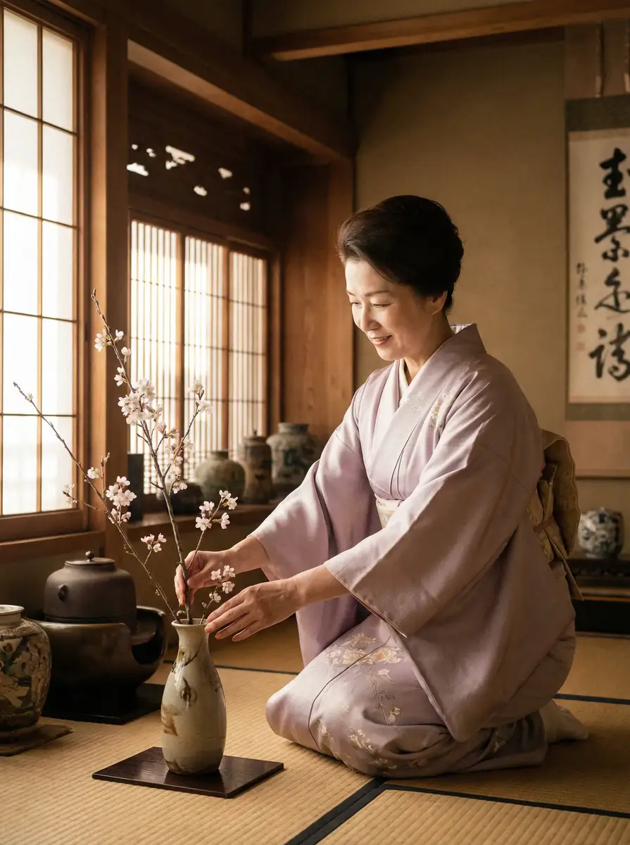 一位优雅的 安博体育平台 在和室中插花